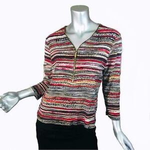 Rafaella Women’s Petite Large Top Striped Multi Color Zipper Detail V Neck Shirt